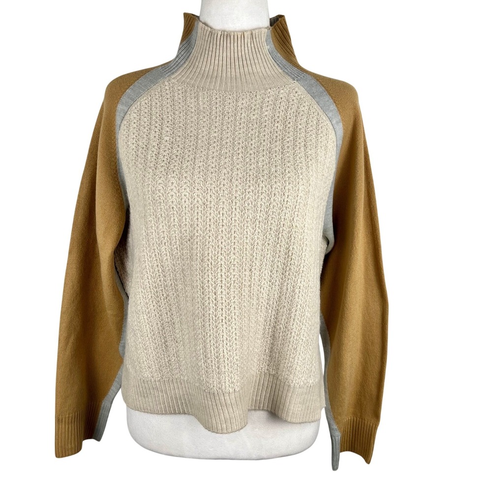 French Connection Babysoft Sweater Large Quiet Luxury Mock Neck Oatmeal Camel